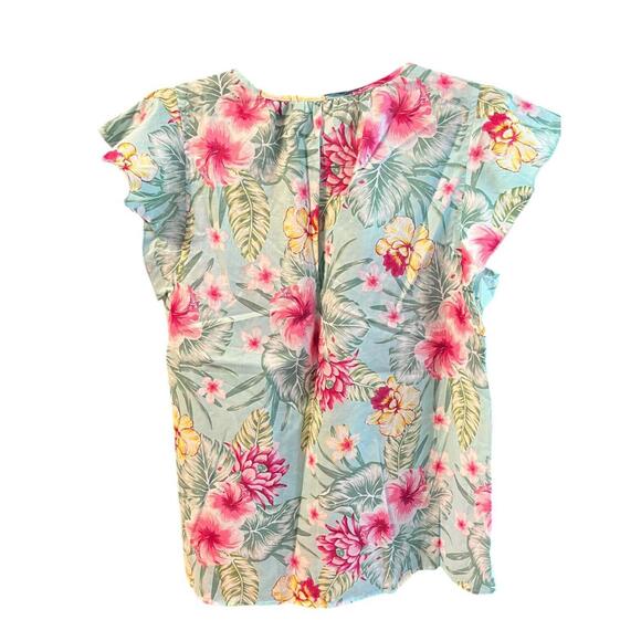 Land ‘n Sea Floral Tassel Flutter Sleeve Stretch Hawaiian Print Top Large, NWT - Picture 4 of 11
